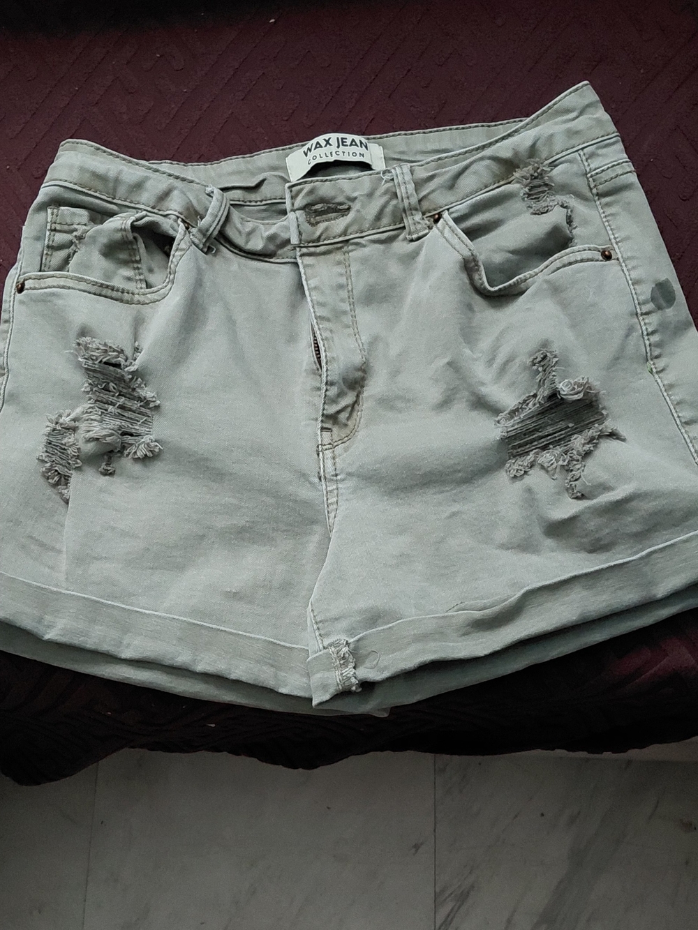 Wax Jean Light Sage Distressed Denim Shorts